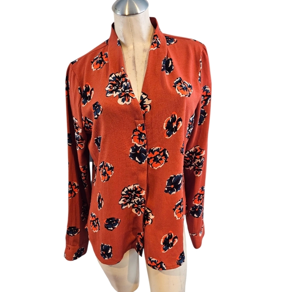 Halogen Size M Burnt Orange Button Down Shirt Long Sleeve Floral Print
